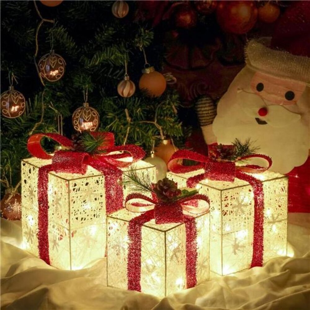 Lighted Gift Boxes Set of 3 Christmas Decor Battery Operated